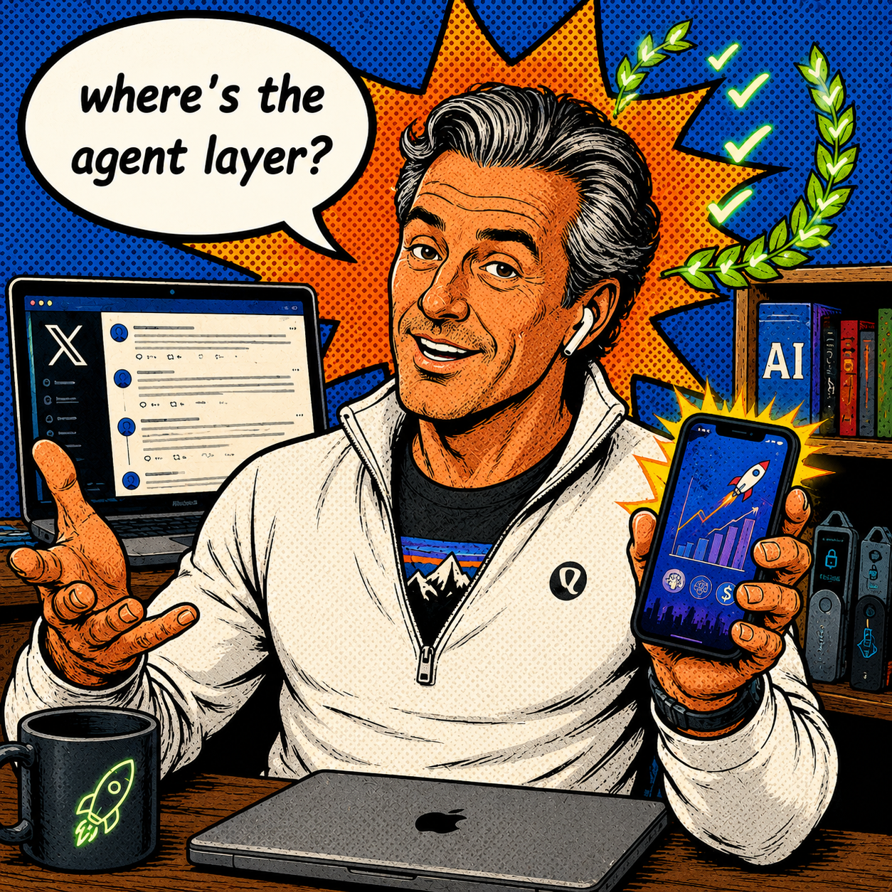 AI-obsessed angel investor in a white pullover gesturing with his phone, pop-art portrait