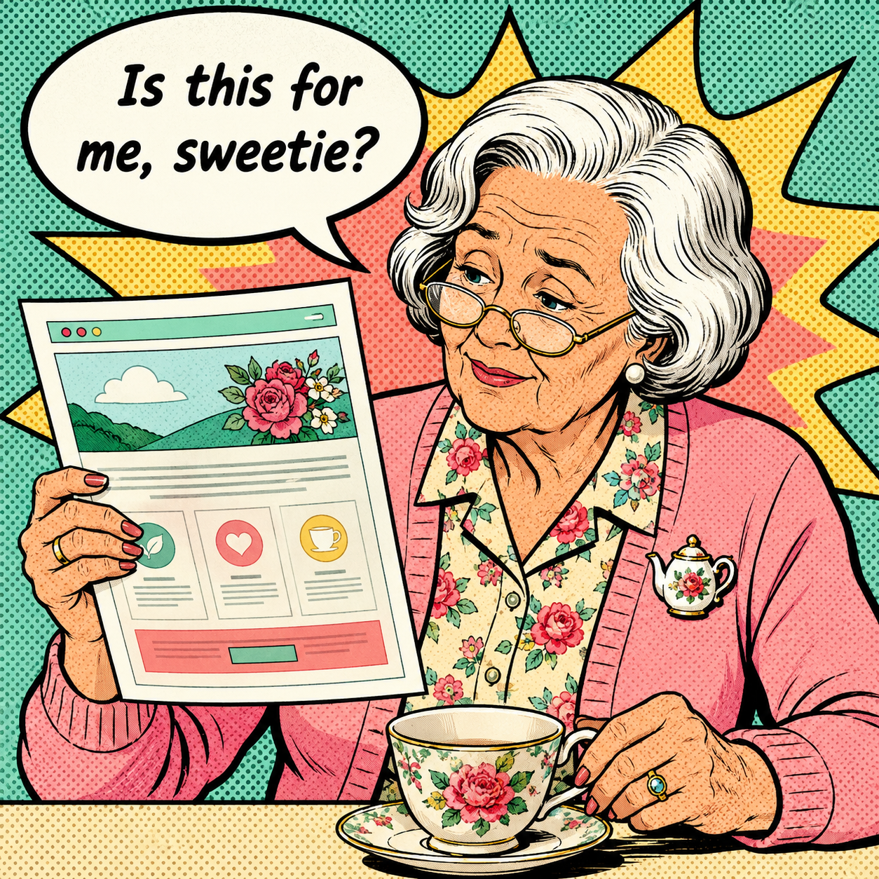Grandmother in a floral blouse, pop-art portrait, holding up a landing page